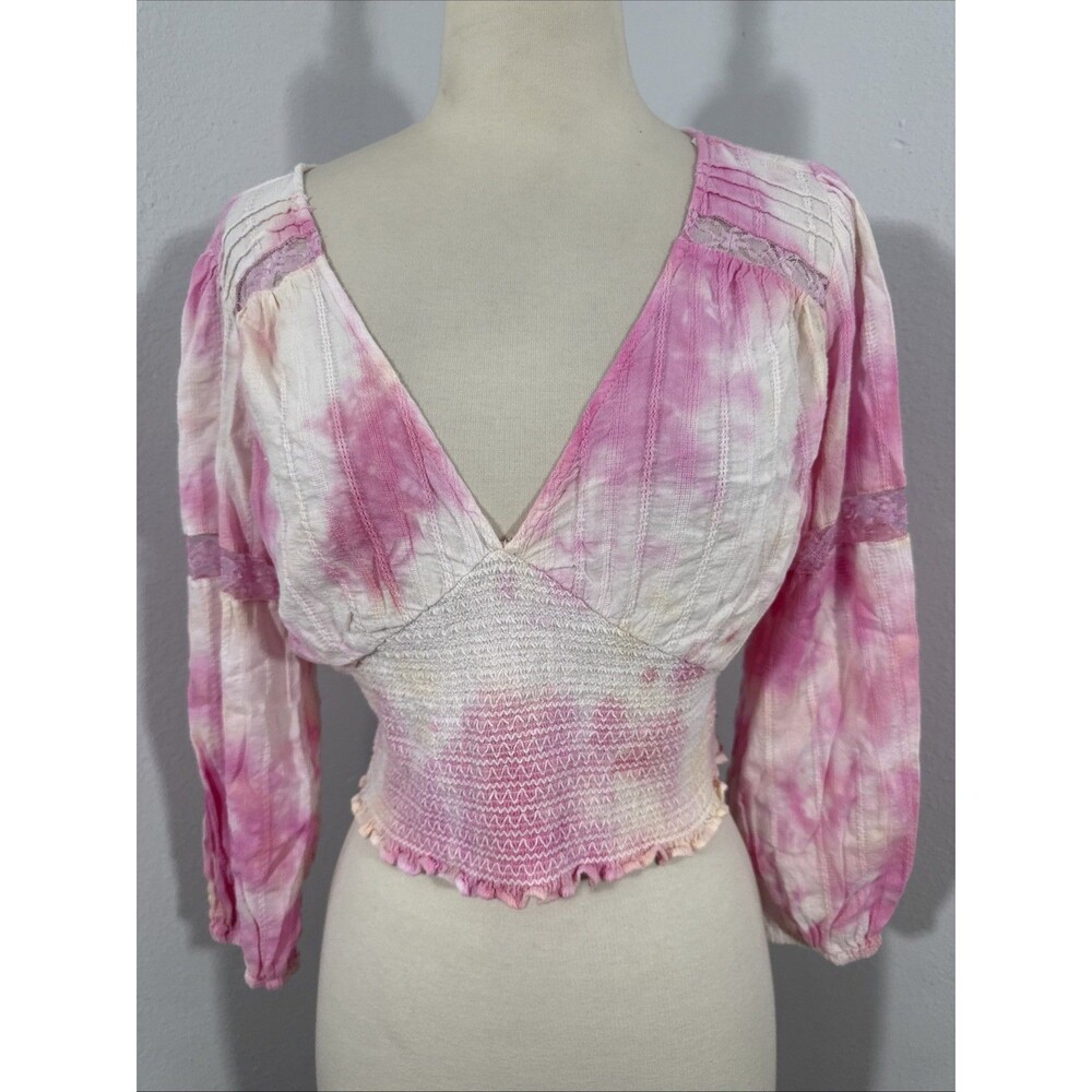 Mi Ami Crop Top Womens Medium Tie Dye Lace Smocked Babydoll 90s Y2k
